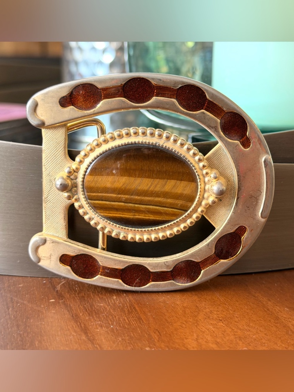 Vintage Brass Horsehoe Tiger's Eye Belt Buckle